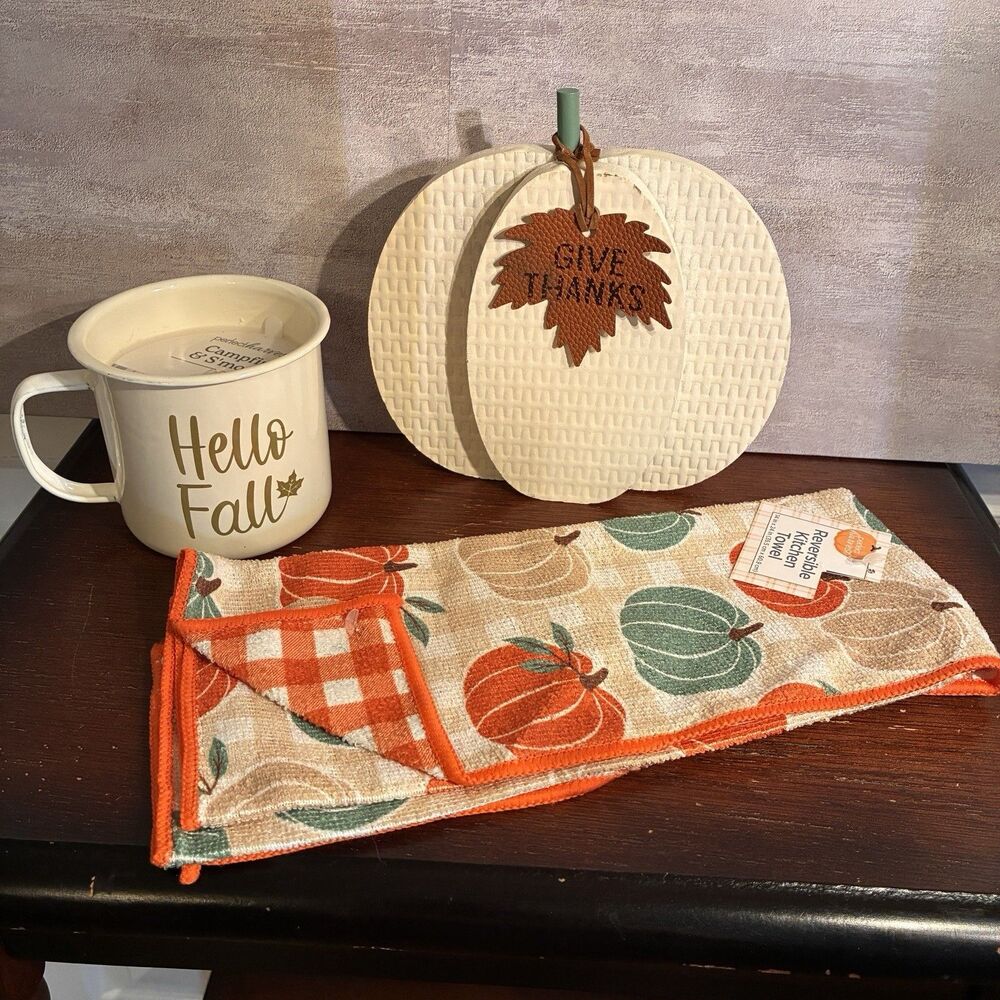 Fall Decorative Set. White Wooden Pumpkin, Mug W/Candle & Fall Dish Towel NEW